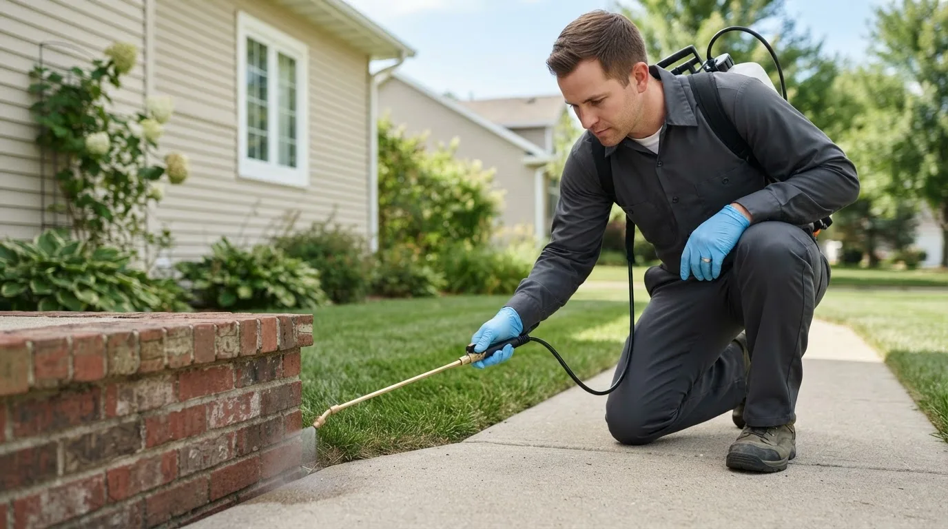 Pest control technician treating a home near Blue Grass, VA